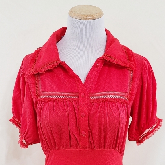 Free People Warm Glow mini dress red puff sleeve western size small NEW NWT - Picture 4 of 8